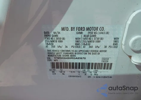 2024 Ford Police Interceptor из США, поврежденный, VIN 1FM5K8AB8RGA85670